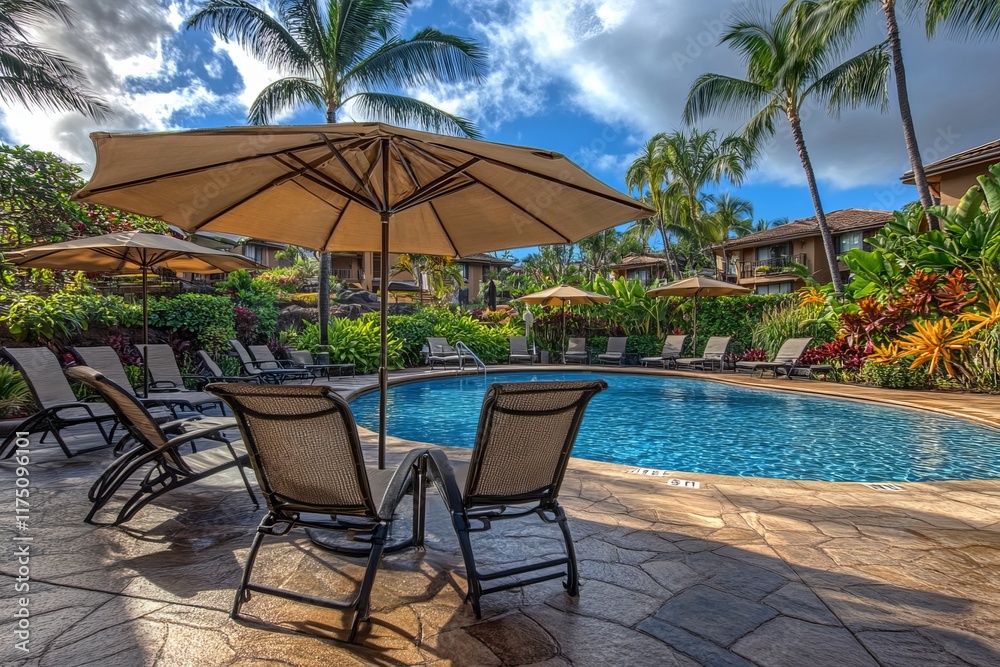 Poolside Lounge with Umbrellas and Palm Trees at Dawn