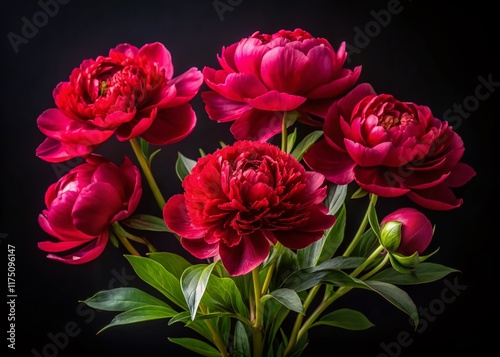Fototapeta Naklejka Na Ścianę i Meble -  Red Peonies Closeup, Isolated Black Background, High Depth of Field, Floral Design Element