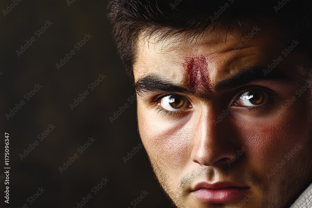 Fototapeta premium This portrait features a young man with a prominent marking on his forehead, conveying a sense of intrigue, personality, and raw emotion through his captivating gaze.
