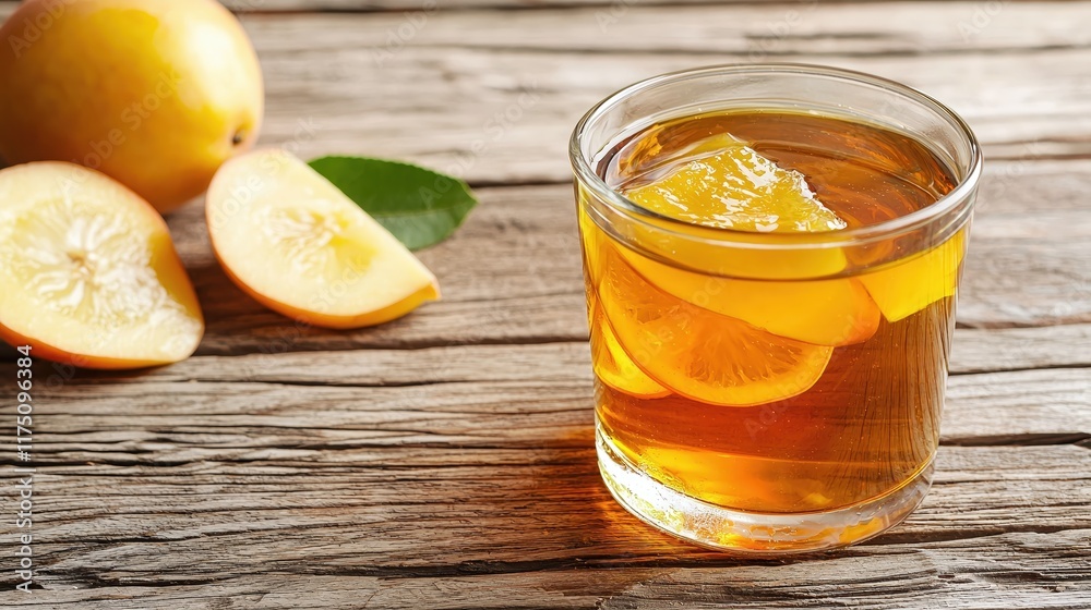 Refreshing Fruit Drink with Lemon and Apple Slices on Wooden Surface Refreshing Fruit Drink with Lemon and Apple Slices on Wooden Surface