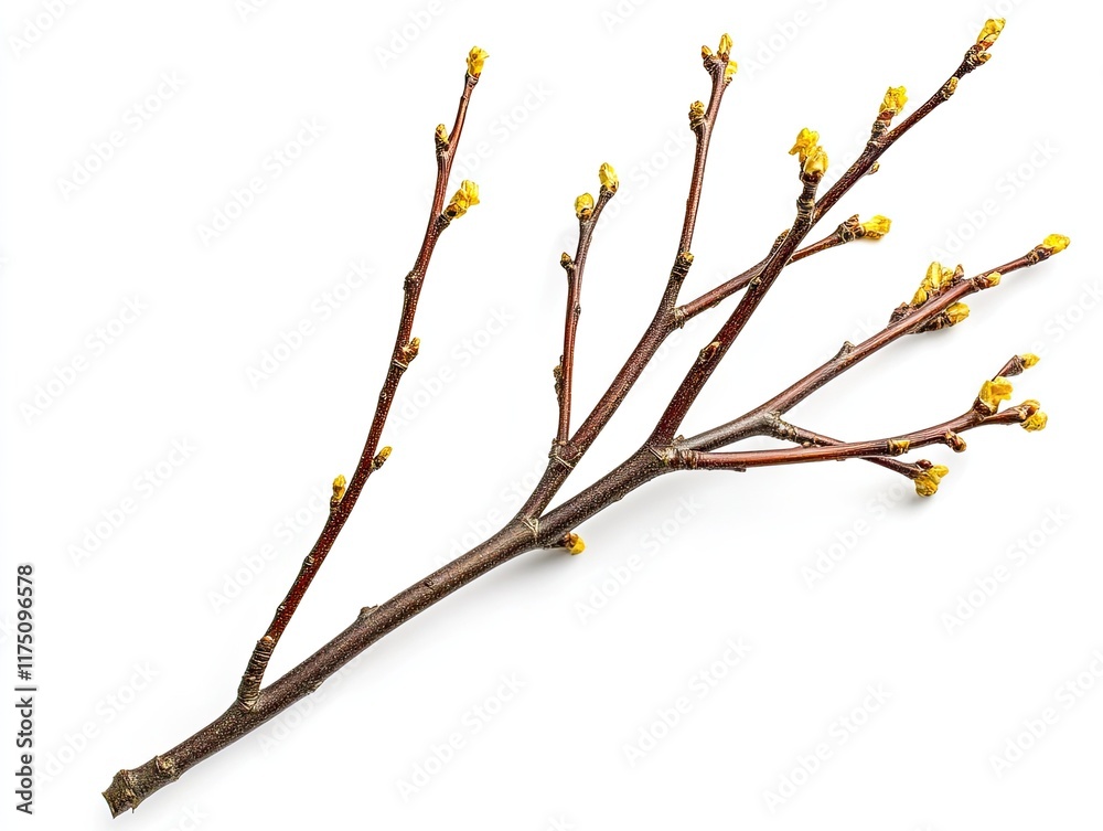 Spring branch with yellow buds, white background, nature detail, botanical illustration. Spring branch with yellow buds, white background, nature detail, botanical illustration.