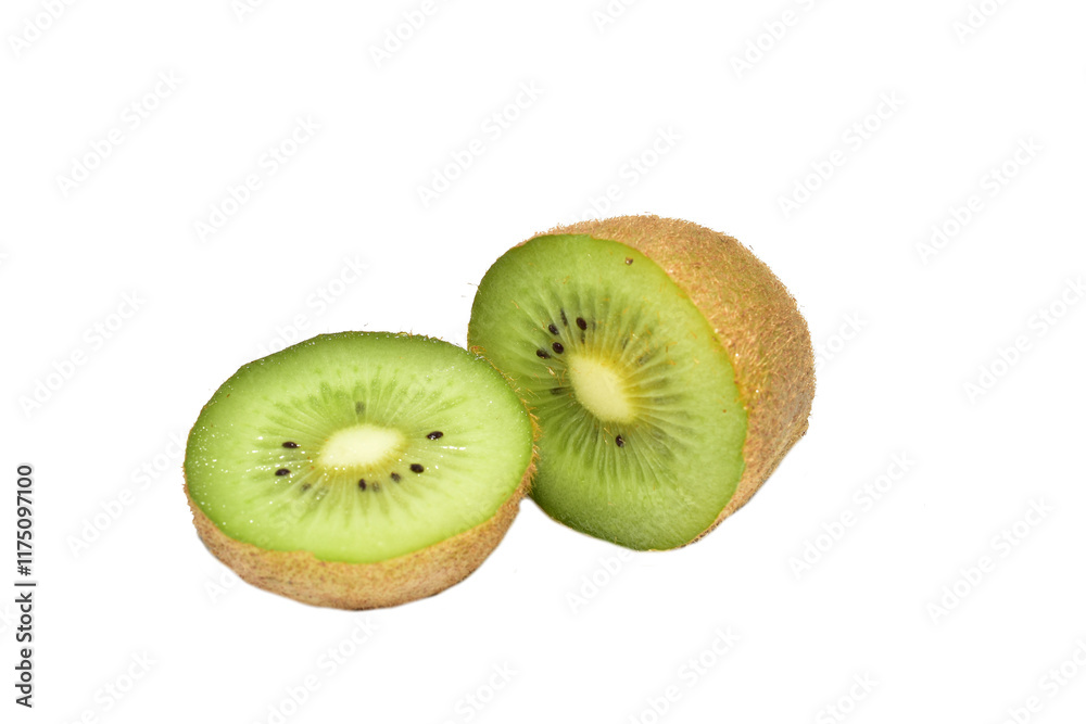 Juicy, green kiwi fruit lies on a white background. Juicy, green kiwi fruit lies on a white background.