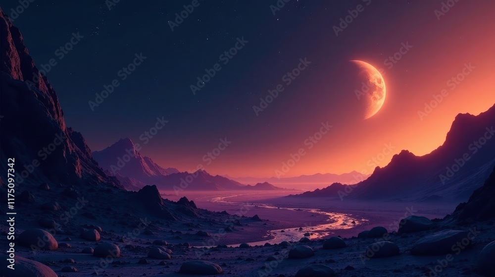 Naklejka premium Crimson Crescent Moon Over a Serene Alien Landscape with Winding River and Rocky Terrain