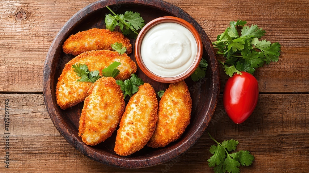 Crispy Fried Snacks with Fresh Herbs and Creamy Dipping Sauce Crispy Fried Snacks with Fresh Herbs and Creamy Dipping Sauce