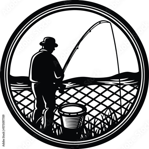 A vintage-style, black and white silhouette of a fisherman casting a fishing rod, standing near a fishing net or trap, and a bucket.