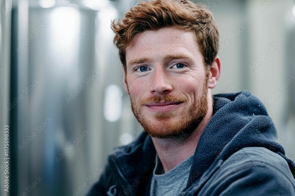 Obraz premium Smiling redhead in a dark jacket.