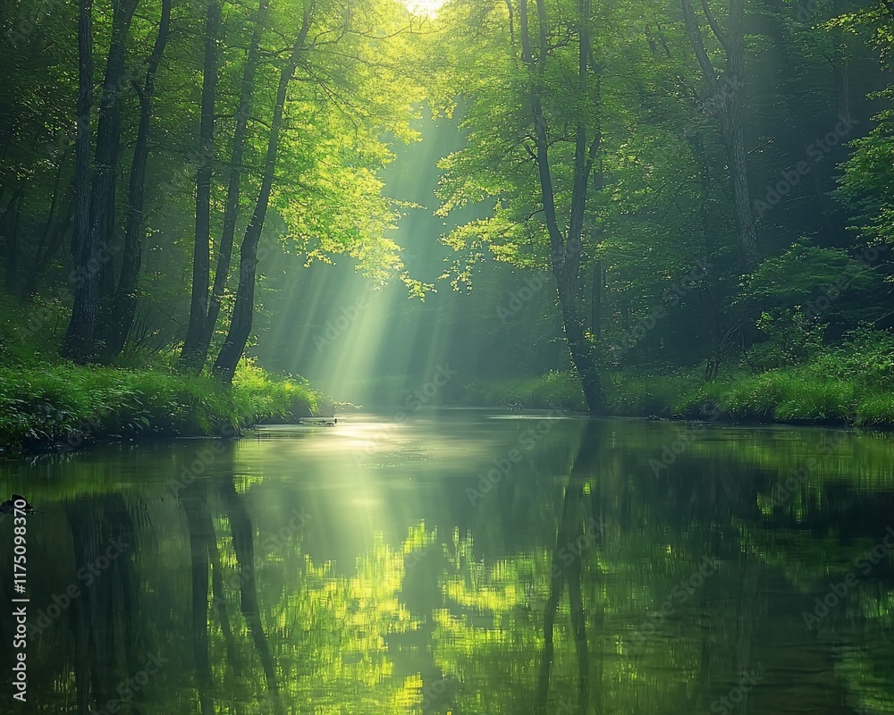 Sunbeams illuminate a tranquil forest river reflecting lush green trees and mist. Sunbeams illuminate a tranquil forest river reflecting lush green trees and mist.