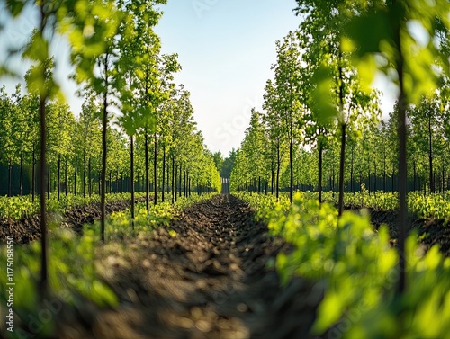 Young trees in a plantation, spring sunlight, soil path, reforestation project.