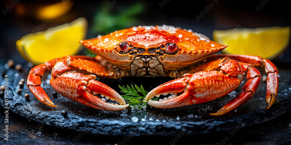 Cooked Red Crab on Slate with Lemons and Herbs from Atlantic Cuisine Cooked Red Crab on Slate with Lemons and Herbs from Atlantic Cuisine