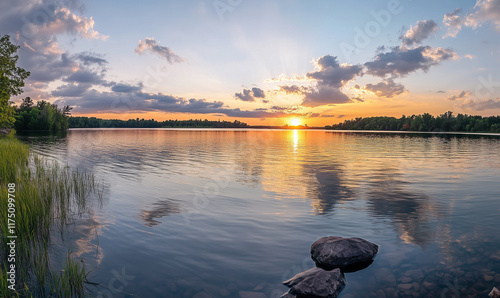 Vibrant sunset over the calm lake photo