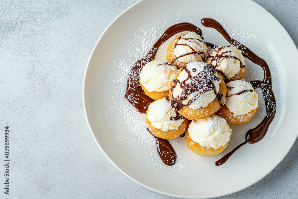 Delicious profiteroles with vanilla ice cream and chocolate drizzle on a white plate Delicious profiteroles with vanilla ice cream and chocolate drizzle on a white plate
