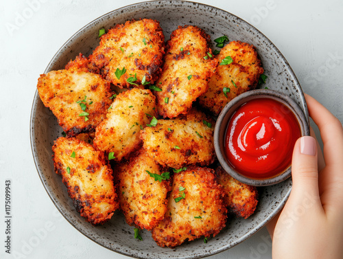 Crispy chicken nuggets with ketchup on a plate photo