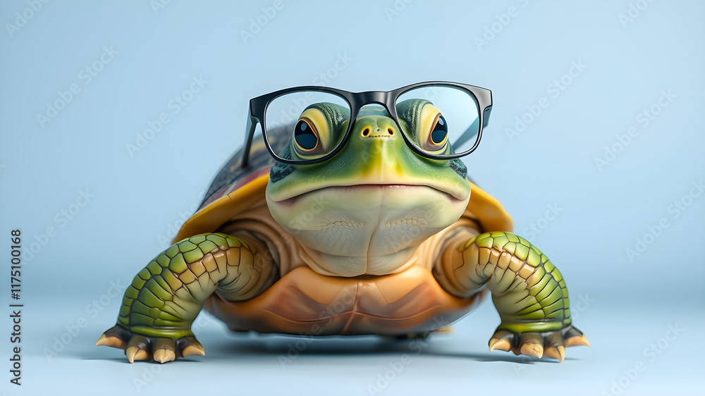Fototapeta premium Cute little green turtle with glasses in front of studio background. Generative AI