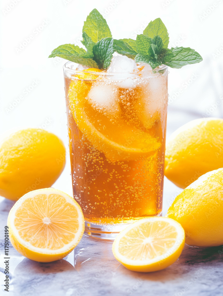 Fototapeta premium Refreshing iced tea with lemon and mint on marble surface