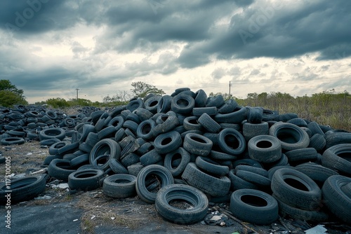 A large collection of discarded tires in a junkyard under a cloudy and overcast sky landscape