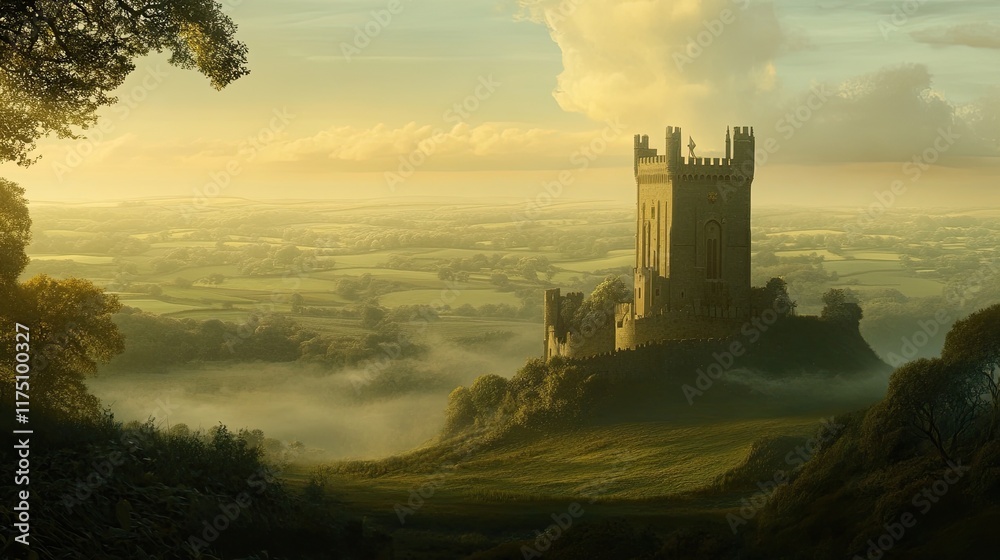 Obraz premium Majestic Castle Tower Overlooking Serene Valley Landscape