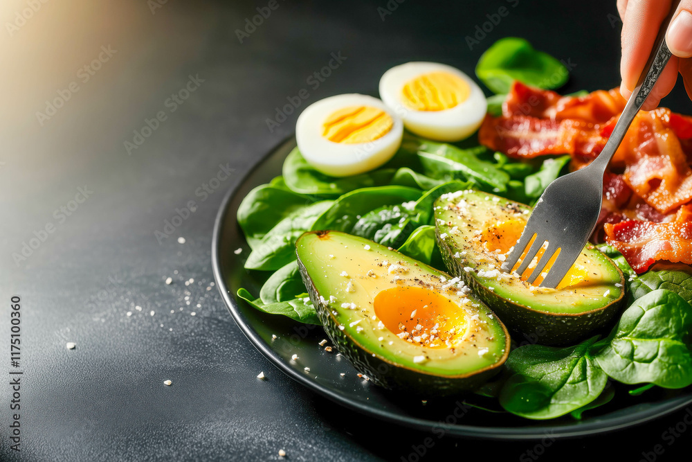 Fresh avocado and egg salad with spinach and crispy bacon on a plate Fresh avocado and egg salad with spinach and crispy bacon on a plate