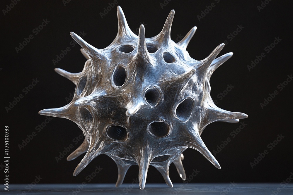 Close-up of a spherical object with spikes and holes, resembling a virus, showcased against a dark background, emphasizing its unique texture. Generative AI Close-up of a spherical object with spikes and holes, resembling a virus, showcased against a dark background, emphasizing its unique texture. Generative AI