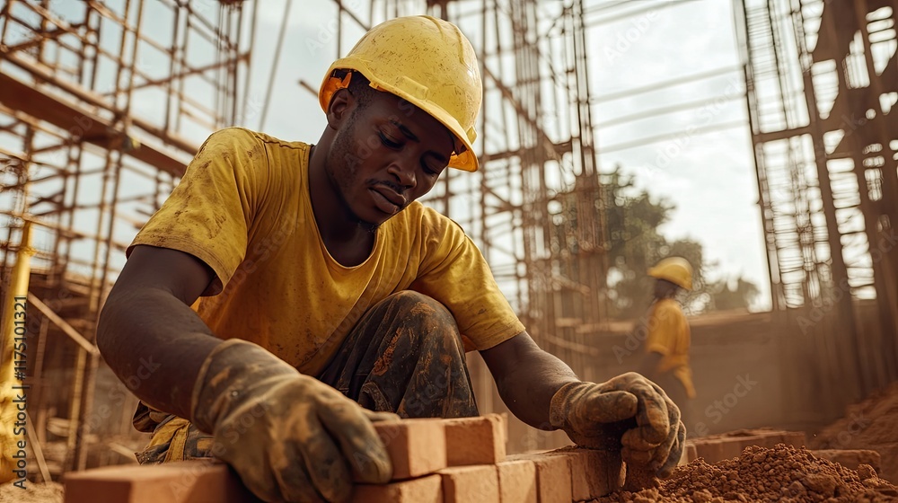 Fototapeta premium Construction Worker Laying Bricks During Building Project