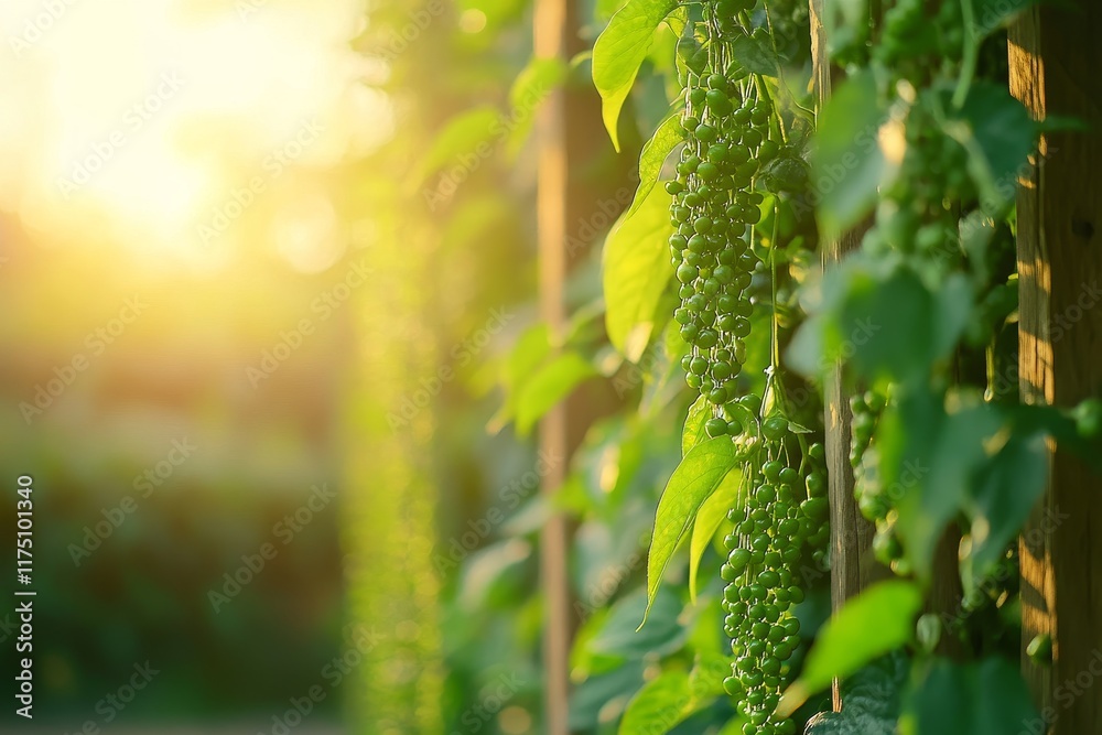 Ripe Green Peppercorns on Wooden Supports Ripe Green Peppercorns on Wooden Supports