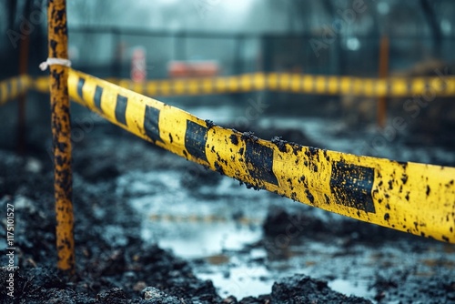 Caution tape marks a construction site where muddy ground and debris are visible in the dim light of an early morning. Generative AI photo