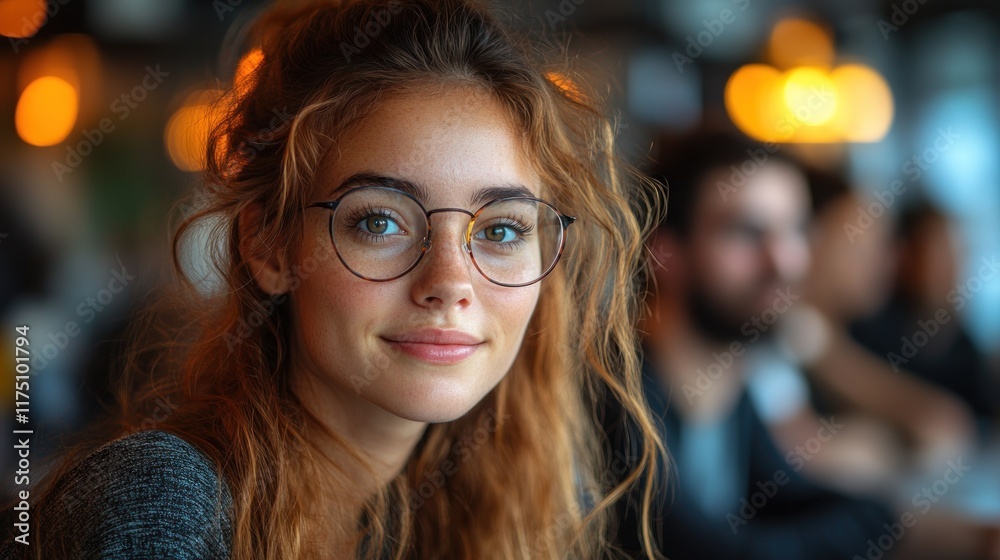 A young woman with glasses smiling softly in a social setting with blurred figures in the background.