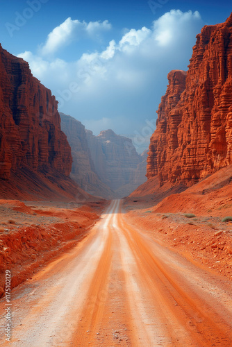 Majestic red canyon road under clear blue sky with dramatic cliffs