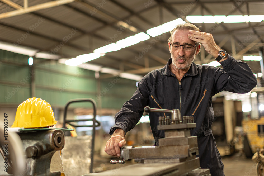 Senior worker tired exhausted headache pain suffer from hard work in heavy industry factory. Senior worker tired exhausted headache pain suffer from hard work in heavy industry factory.