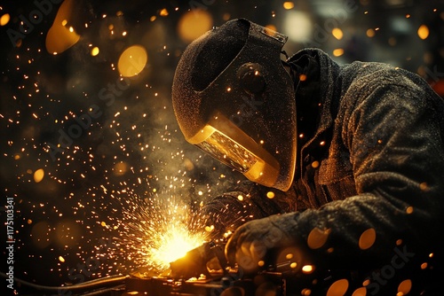 A welder focuses on their craft, surrounded by glimmering sparks in a dimly lit workshop, showcasing dedication and skill. Generative AI photo