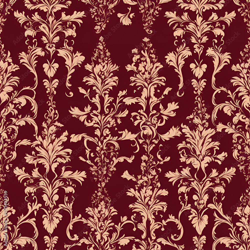 Fototapeta premium An elegant vintage floral pattern in gold on a rich burgundy background, perfect for wallpaper, textiles, and sophisticated design projects.