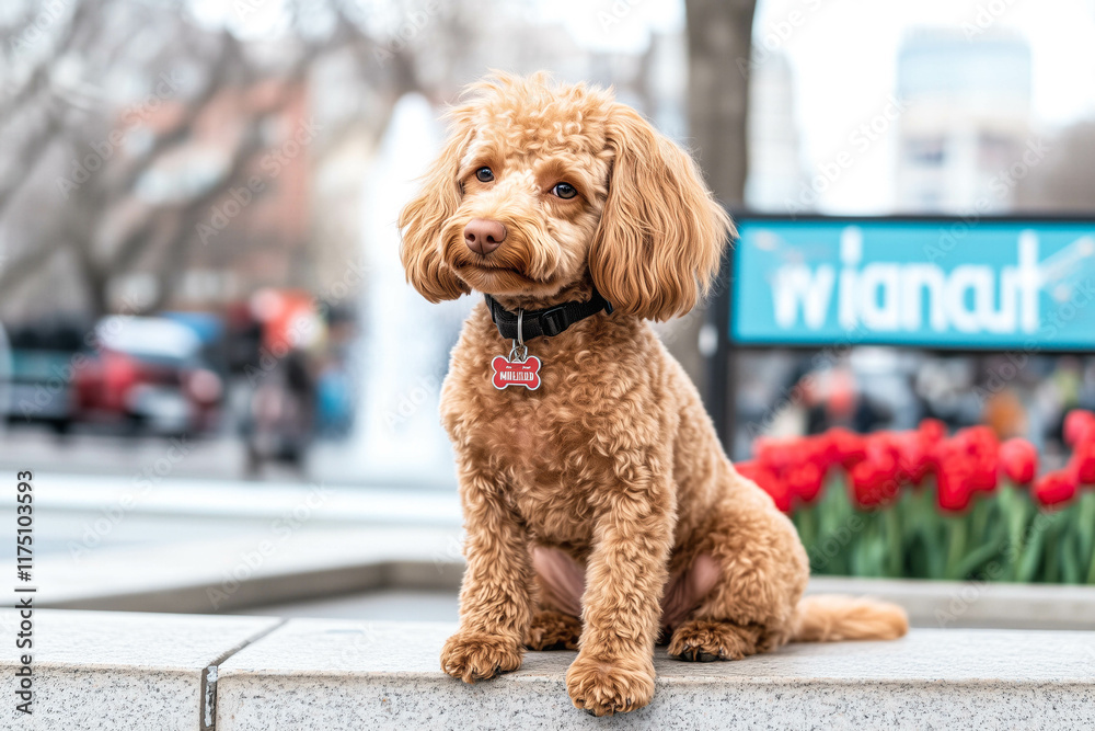 Adorable curly-haired dog sitting by urban fountain with red collar and id tag