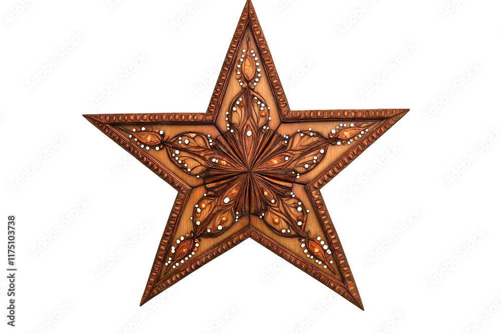 Fototapeta premium Star shaped wooden frame with festive patterns. Isolated on transparent or white background cut out