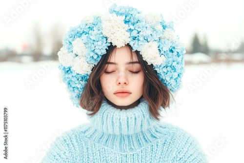 Young caucasian female with floral headpiece in winter setting