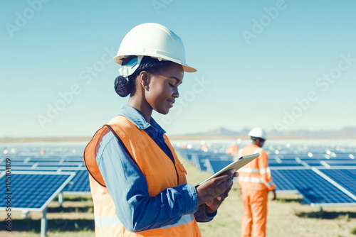 African female engineer inspecting solar panels in a field
