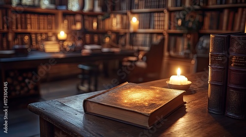 Wallpaper Mural Ancient Book Illuminated By Candlelight In Library Setting Torontodigital.ca