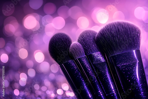 Vibrant image of makeup brushes with purple and pink bokeh background, sparkling with tiny glitter particles, perfect for beauty and fashion themes. photo