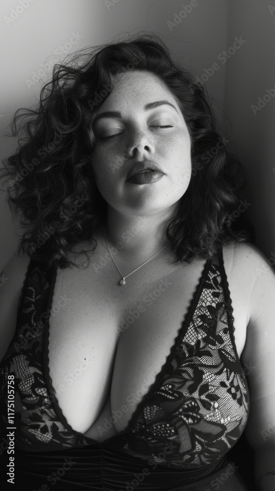 Naklejka premium Black and white image of a young woman in lingerie with her eyes closed. Suitable for illustrations in fashion magazines, lingerie and cosmetics advertising, as well as for art projects.