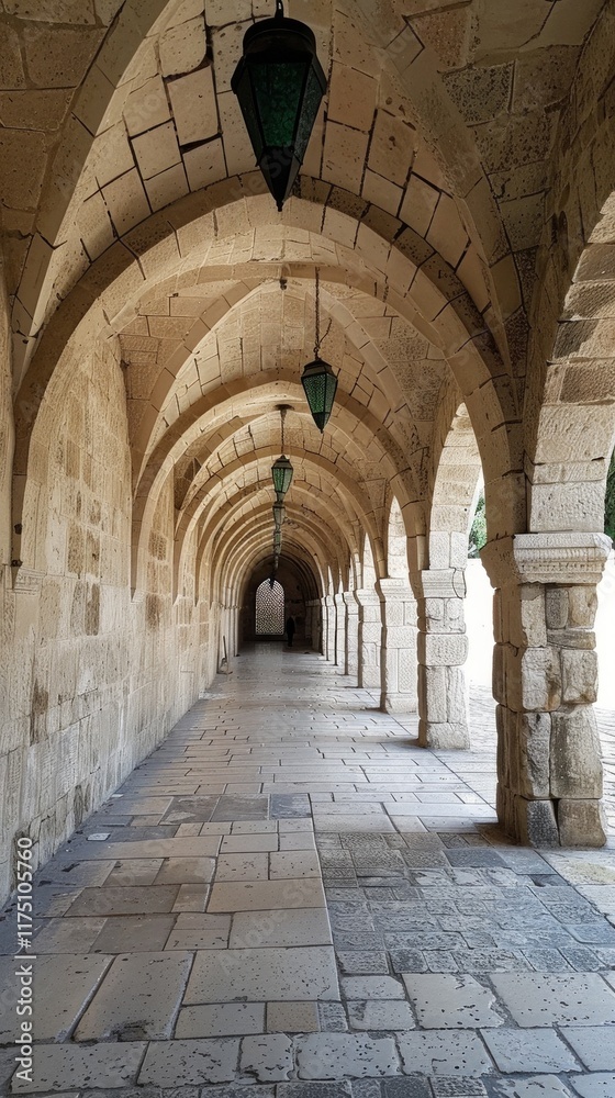 A long corridor with stone arches and hanging lanterns, creating an atmosphere of antiquity and mystery. Great for historical and cultural publications. A long corridor with stone arches and hanging lanterns, creating an atmosphere of antiquity and mystery. Great for historical and cultural publications.