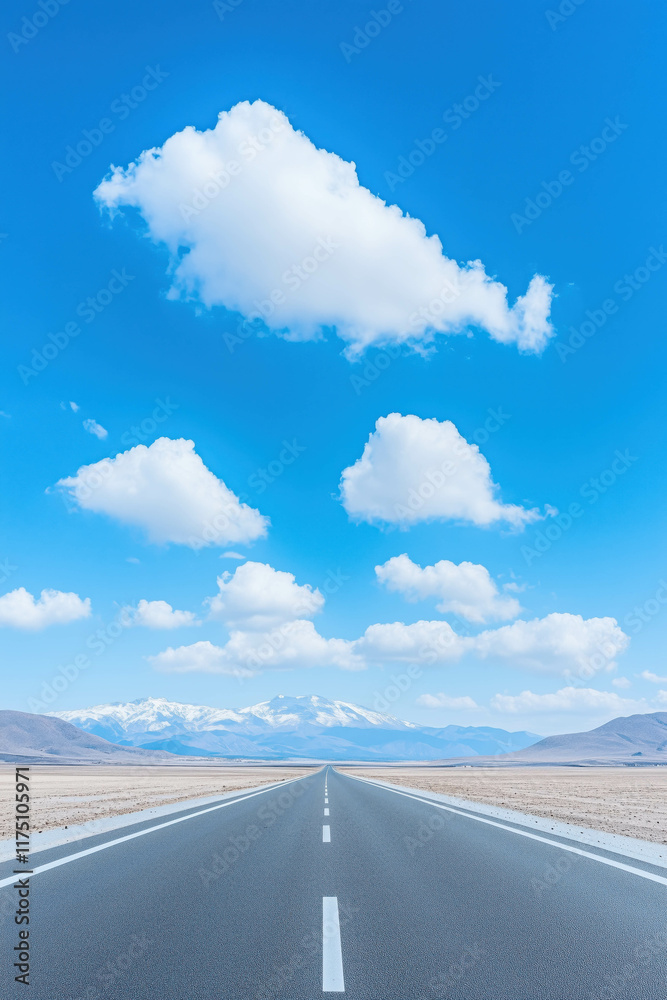 Fototapeta premium Endless desert highway with blue sky and clouds