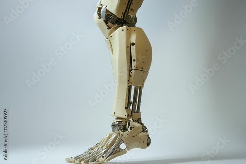 Beige robotic leg, intricate mechanics, detailed foot.
