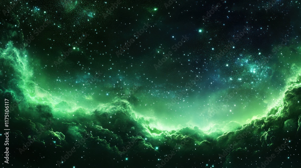 Obraz premium Fantastic night sky effect with a dark green glowing backdrop, featuring twinkling stars and a clean design space for long web banners