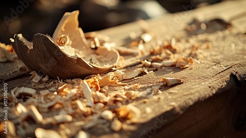 Wooden Bowl Carving Work In Progress Showing Shavings photo