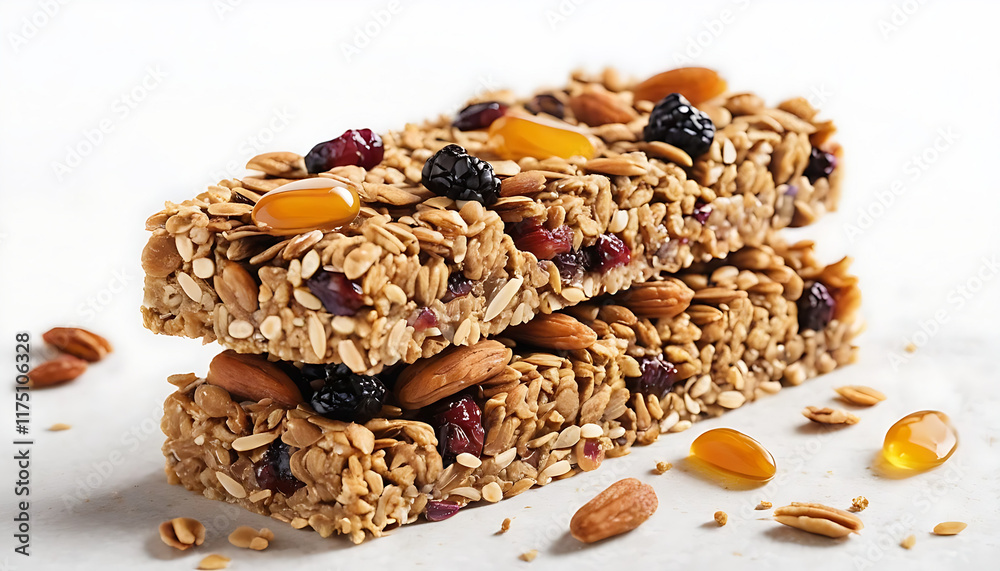 Close-up of stacked granola bars, showcasing a mix of oats, nuts (almonds), dried cranberries, and blackberries. Close-up of stacked granola bars, showcasing a mix of oats, nuts (almonds), dried cranberries, and blackberries.
