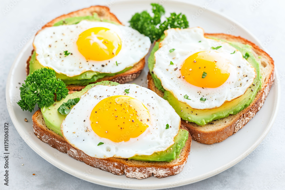 Delicious avocado toast with fried eggs on sourdough bread garnished with parsley Delicious avocado toast with fried eggs on sourdough bread garnished with parsley