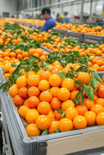 Freshly harvested oranges in a packing facility
