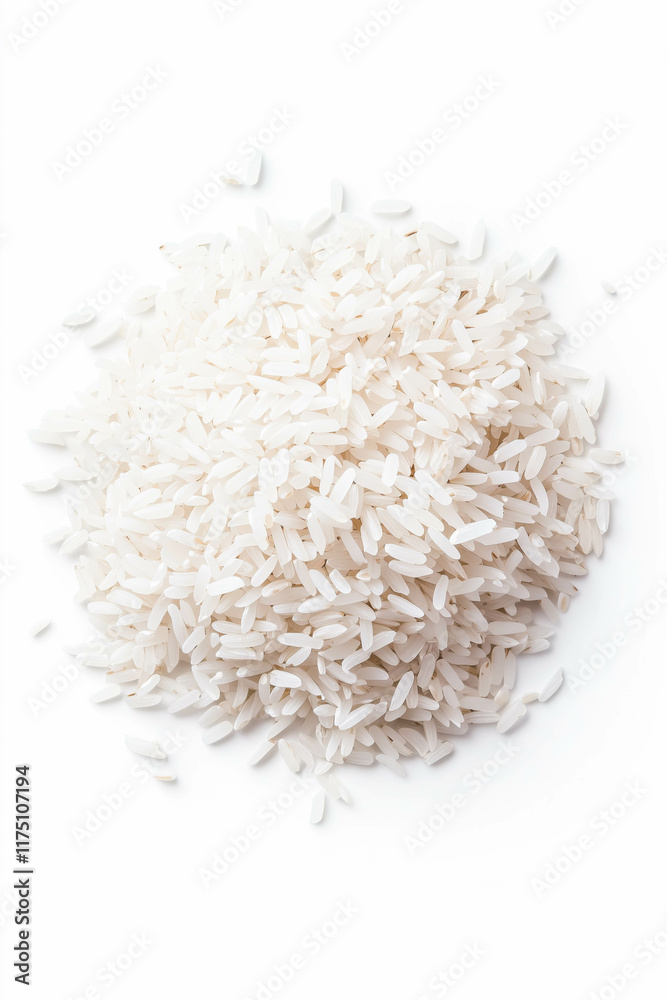 Pile of uncooked white rice grains against white background Pile of uncooked white rice grains against white background