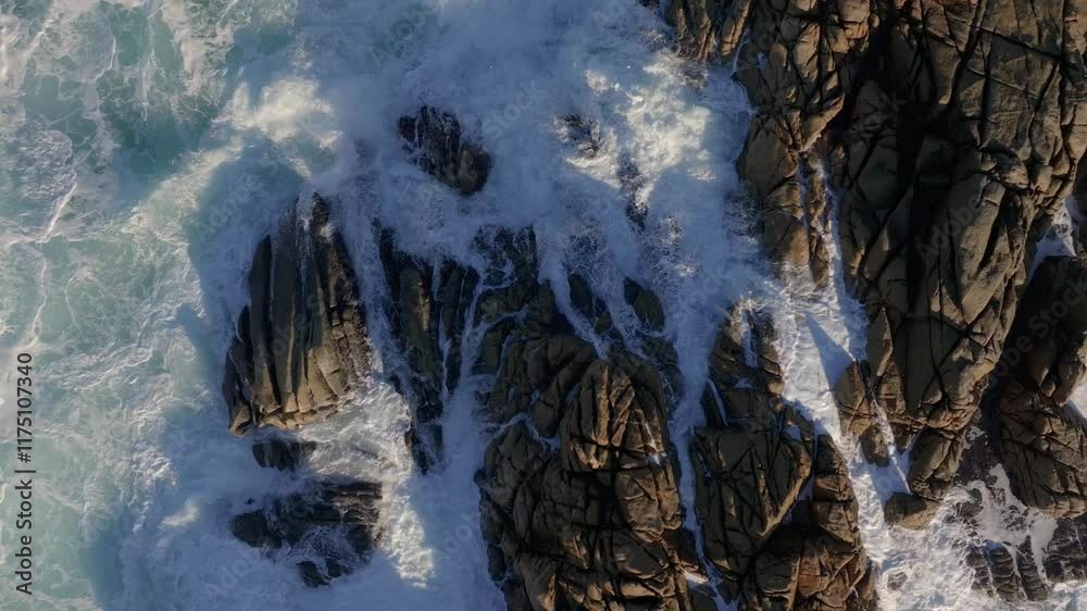 Ocean Waves Crashing On Rocks And Cliffs In A Coruña, Spain. - aerial shot Ocean Waves Crashing On Rocks And Cliffs In A Coruña, Spain. - aerial shot