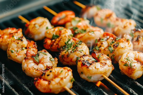 Grilled herb shrimp skewers on bbq grill with smoke