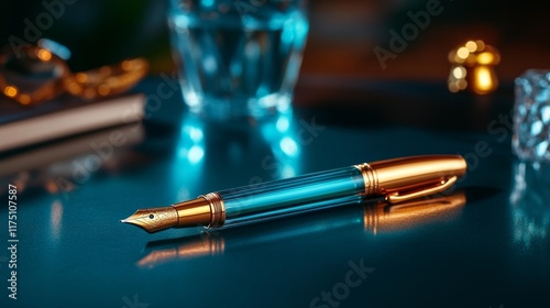 Elegant Luxury Crystal Fountain Pen on Desk. Generative AI photo