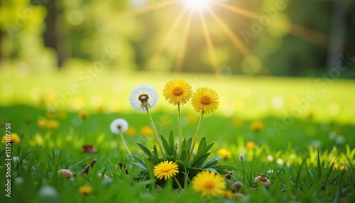Cluster of dandelions in sunlit green field, vibrant spring scene